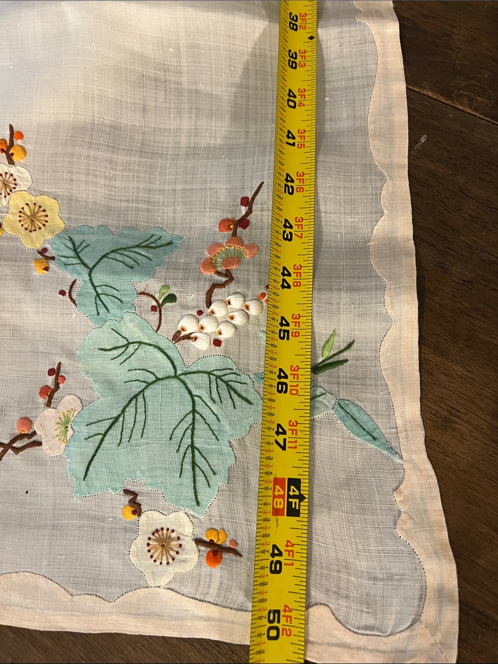 Vintage Embroidered Floral Tablecloth - Cream with Teal and Yellow Accents - Picture 4 of 5